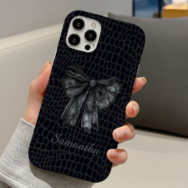 chic black grey crocodile coquette bow monogram iPhone 16 hülle