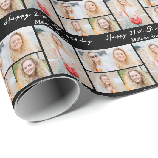 Chic Black Happy Birthday Photo Collage Geschenkpapier (Rolleneckpunkt)