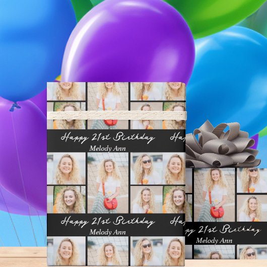 Chic Black Happy Birthday Photo Collage Geschenkpapier
