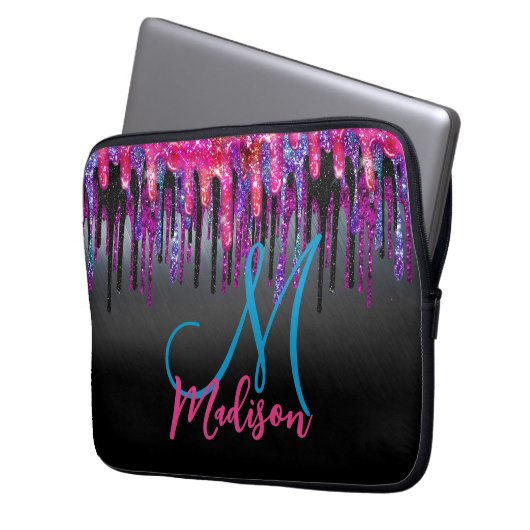 Chic Black Hot Pink Blue Tropfens Monogram Laptopschutzhülle (Vorderseite Links)