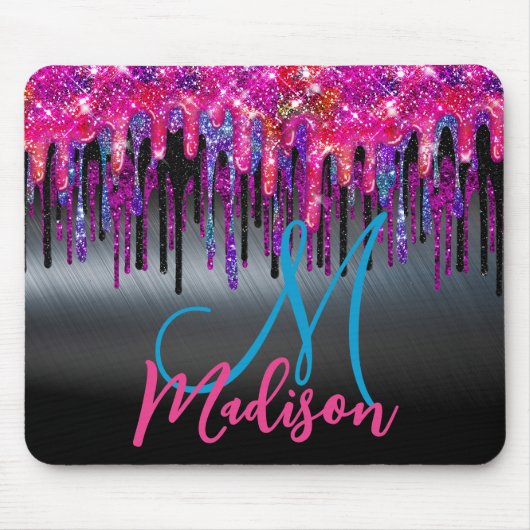 Chic Black Hot Pink Blue Tropfens Monogram Mousepad (Vorne)