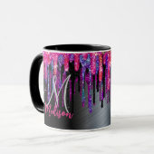 Chic Black Hot Pink Blue Tropfens Monogram Tasse (Vorderseite Links)