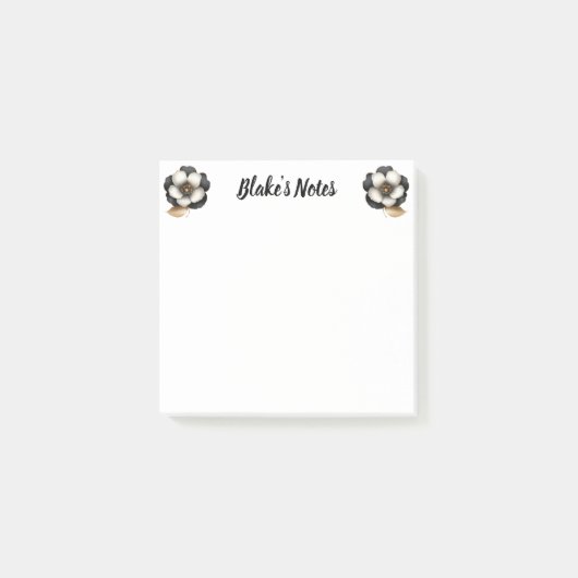 Chic Black Imitats Gold Floral Name Post-it Klebezettel (Vorderseite)