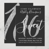 Chic Black Imitats Silver Sequin Glitzer Sweet 16 Einladung (Vorne/Hinten)