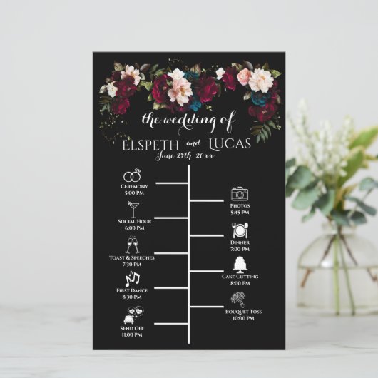 Chic Black, Jewel Toned Wedding Timeline Programm (Stehend Vorderseite)
