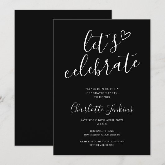 Chic Black Let's Celebrate Script Graduation Party Einladung (Vorne/Hinten)