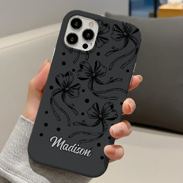 chic black  light grey coquette bows monogram  iPhone 16 hülle