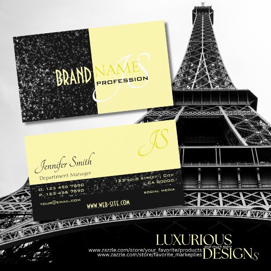 Chic Black Light Yellow Glitter Stars und Monogram Visitenkarte