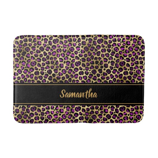 Chic Black Lila Gold Leopard Print Personalisiert Badematte (Vorderseite)