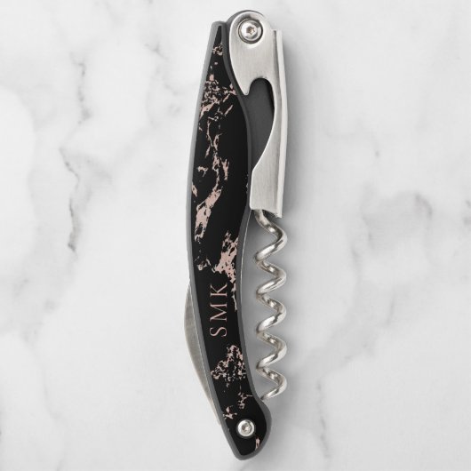 Chic Black Marble Rose Gold Foil Monogramm Kellnermesser (Rückseite)