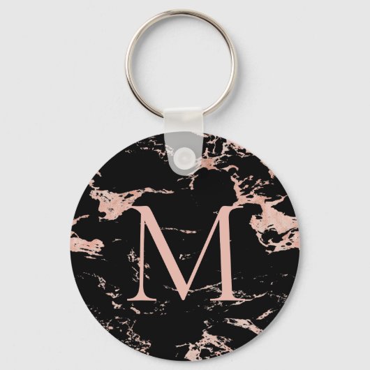 Chic Black Marble Rose Gold Foil Monogramm Schlüsselanhänger (Vorderseite)
