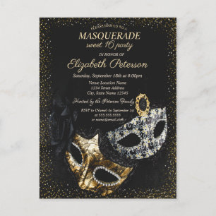 Chic Black Masquerade, Masque Confetti Sweet 16 Einladungspostkarte