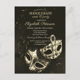 Chic Black Masquerade, Masque Sweet 16 Einladungspostkarte
