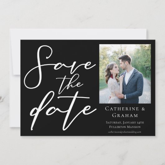 Chic Black Minimalistisch Modern Foto White Script Save The Date (Vorderseite)