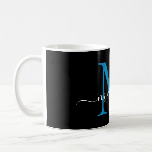 Chic Black Ocean Blue Monogram Elegant Script Kaffeetasse (Links)