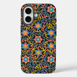 Chic Black Pattern with Colorful Floral  iPhone 16 Hülle