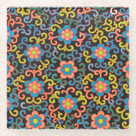Chic Black Pattern with Colorful Floral  Glasuntersetzer (Vorderseite)