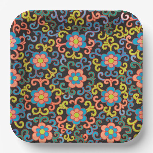 Chic Black Pattern with Colorful Floral  Pappteller (Vorderseite)