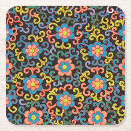 Chic Black Pattern with Colorful Floral  Rechteckiger Pappuntersetzer