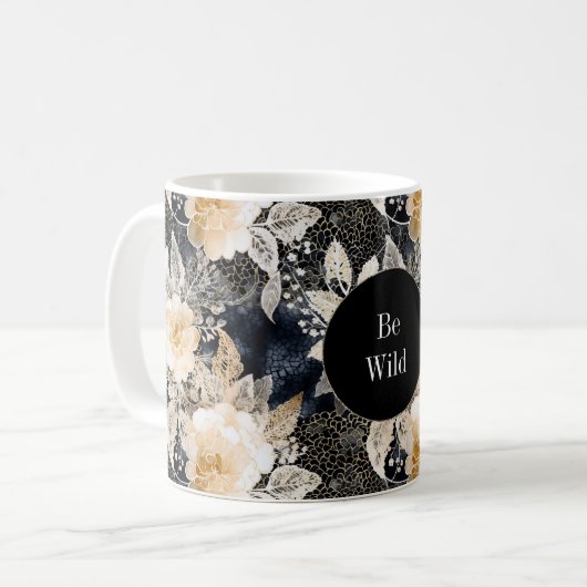 Chic Black Peach White Floral Leopard Tier Kaffeetasse (Vorderseite Links)