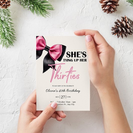 Chic Black & Pink Bow 40th Birthday Invitation Einladung