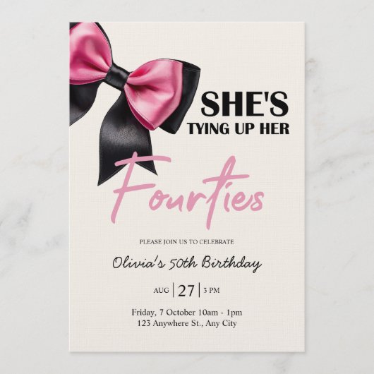Chic Black & Pink Bow 50th Birthday Invitation Einladung (Vorderseite)