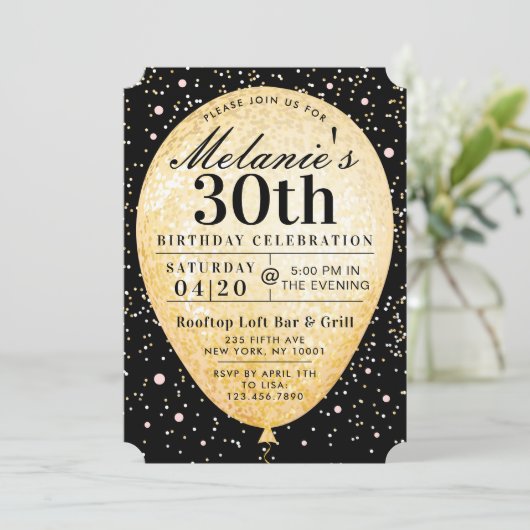 Chic Black Pink & Gold Balloon Einladung zum Gebur (Stehend Vorderseite)