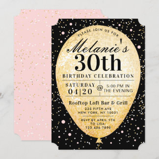 Chic Black Pink & Gold Balloon Einladung zum Gebur