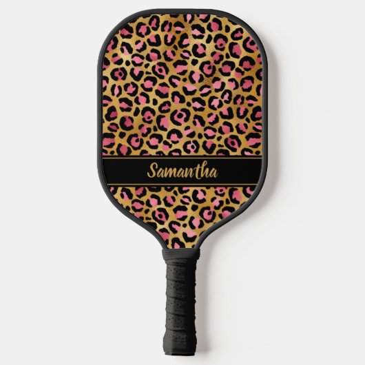 Chic Black Pink Gold Leopard Print Personalisiert Pickleball Schläger (Rückseite)