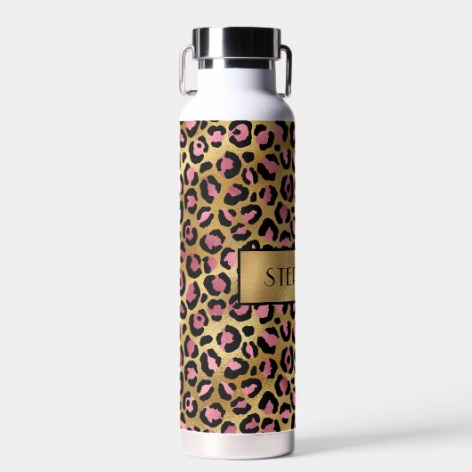Chic Black Pink Gold Leopard Print Personalisiert Trinkflasche (Vorne)