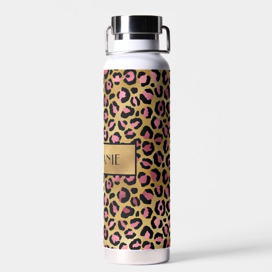 Chic Black Pink Gold Leopard Print Personalisiert Trinkflasche (Rückseite)