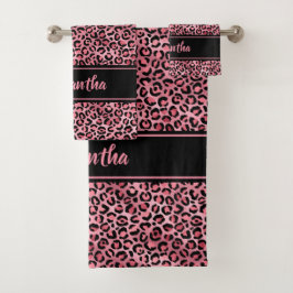 Chic Black Pink Leopard Print Personalisiert Badhandtuch Set