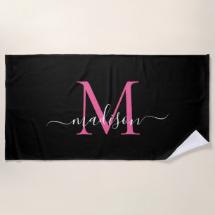 Chic Black Pink Monogram Feminine Girl Script Strandtuch