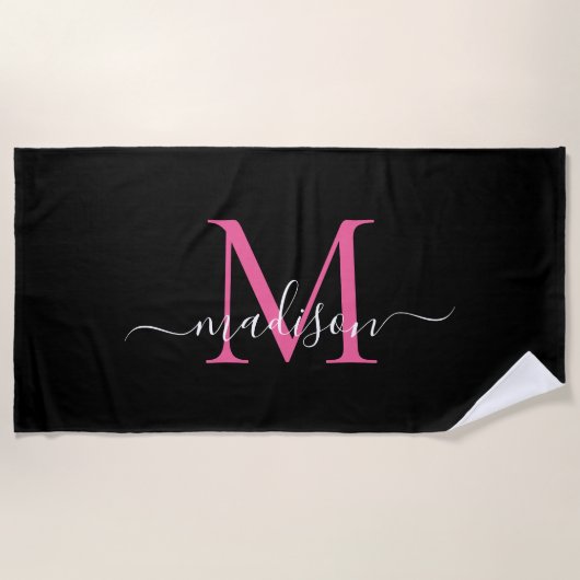 Chic Black Pink Monogram Feminine Girl Script Strandtuch (Vorderseite)
