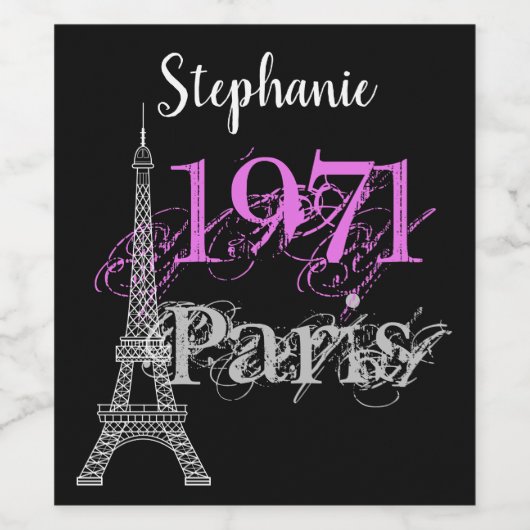 Chic Black Pink Paris Eiffel Tower Grafischer Name Weinetikett (Einzelnes Label)