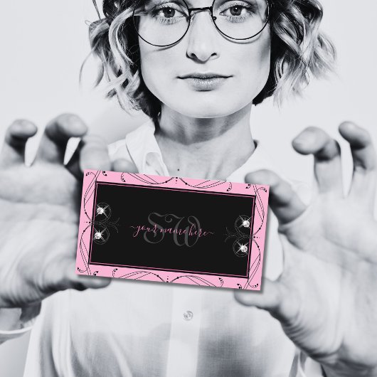 Chic Black Pink Sparkling Diamonds Initials Verzie Visitenkarte