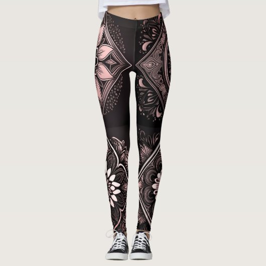 Chic Black Pink und White Mandala Leggings (Vorderseite)