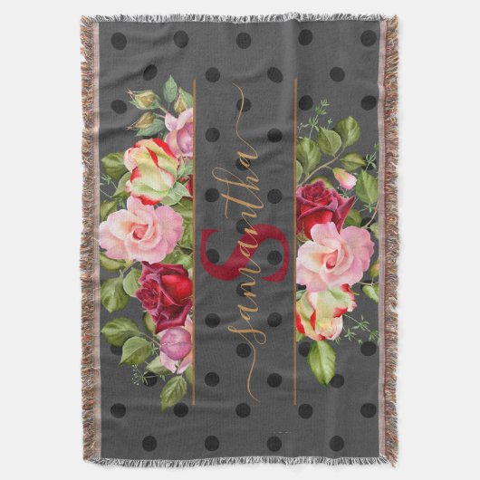 Chic Black Polka Dot and Rose Monogramm und Name Decke (Vorderseite Vertikal)