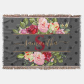 Chic Black Polka Dot and Rose Monogramm und Name Decke (Vorderseite)