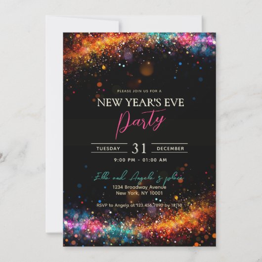 Chic Black Rainbow Glitzer Silvester Party Einladung (Vorderseite)