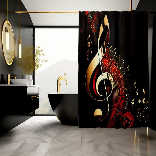 Chic Black Red and Gold Clef Note Duschvorhang
