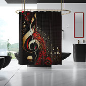 Chic Black Red and Gold Clef Note Duschvorhang
