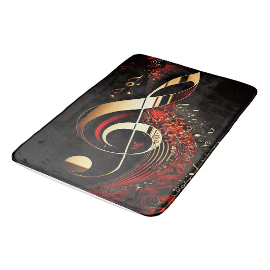 Chic Black Red and Gold Treble Clef Note Badematte (Schrägansicht)