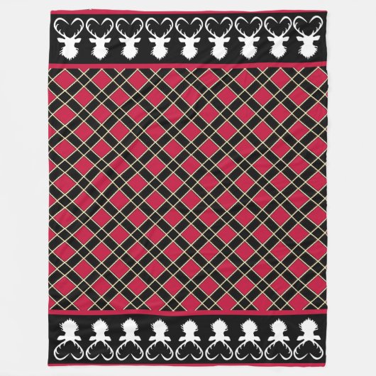 Chic Black Red Checkered & Rentier Silhouetten Fleecedecke (Vorderseite)
