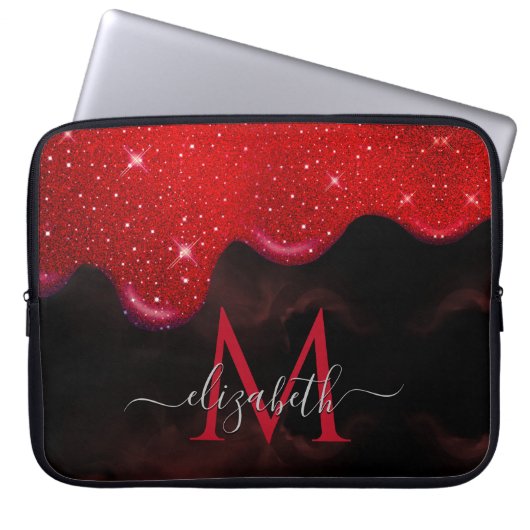 Chic Black Red Drippings Glitzer Marmormonogramm Laptopschutzhülle (Vorderseite)