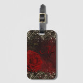 Chic Black Red Gold Glitzer Blume Monogramm Nogram Gepäckanhänger (Vorderseite Vertikal)
