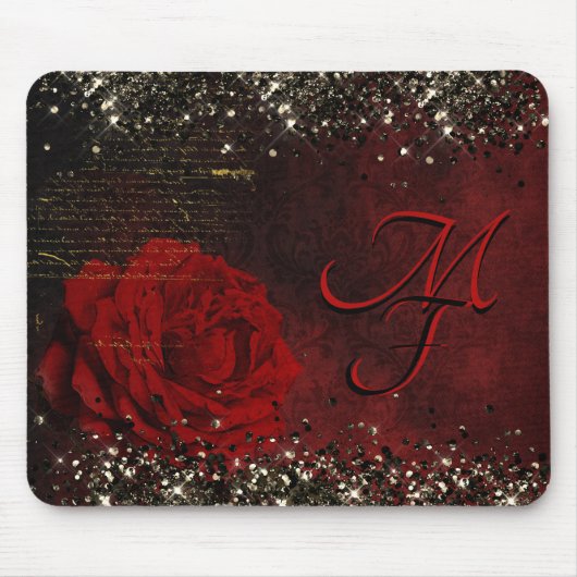 Chic Black Red Gold Glitzer Blume Monogramm Nogram Mousepad (Vorne)