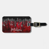 Chic Black Red Silver Glitzer Tropfen Monogramm Gepäckanhänger (Vorderseite horizontal)