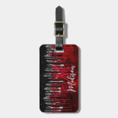 Chic Black Red Silver Glitzer Tropfen Monogramm Gepäckanhänger (Vorderseite vertikal)