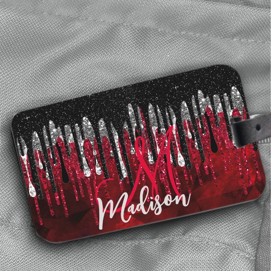 Chic Black Red Silver Glitzer Tropfen Monogramm Gepäckanhänger